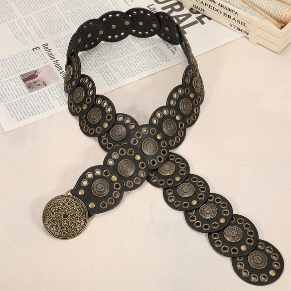 Women Vintage Disc Waist Concho Leather Belt Boho Waist Belt Black Bronze Buckle main image 4